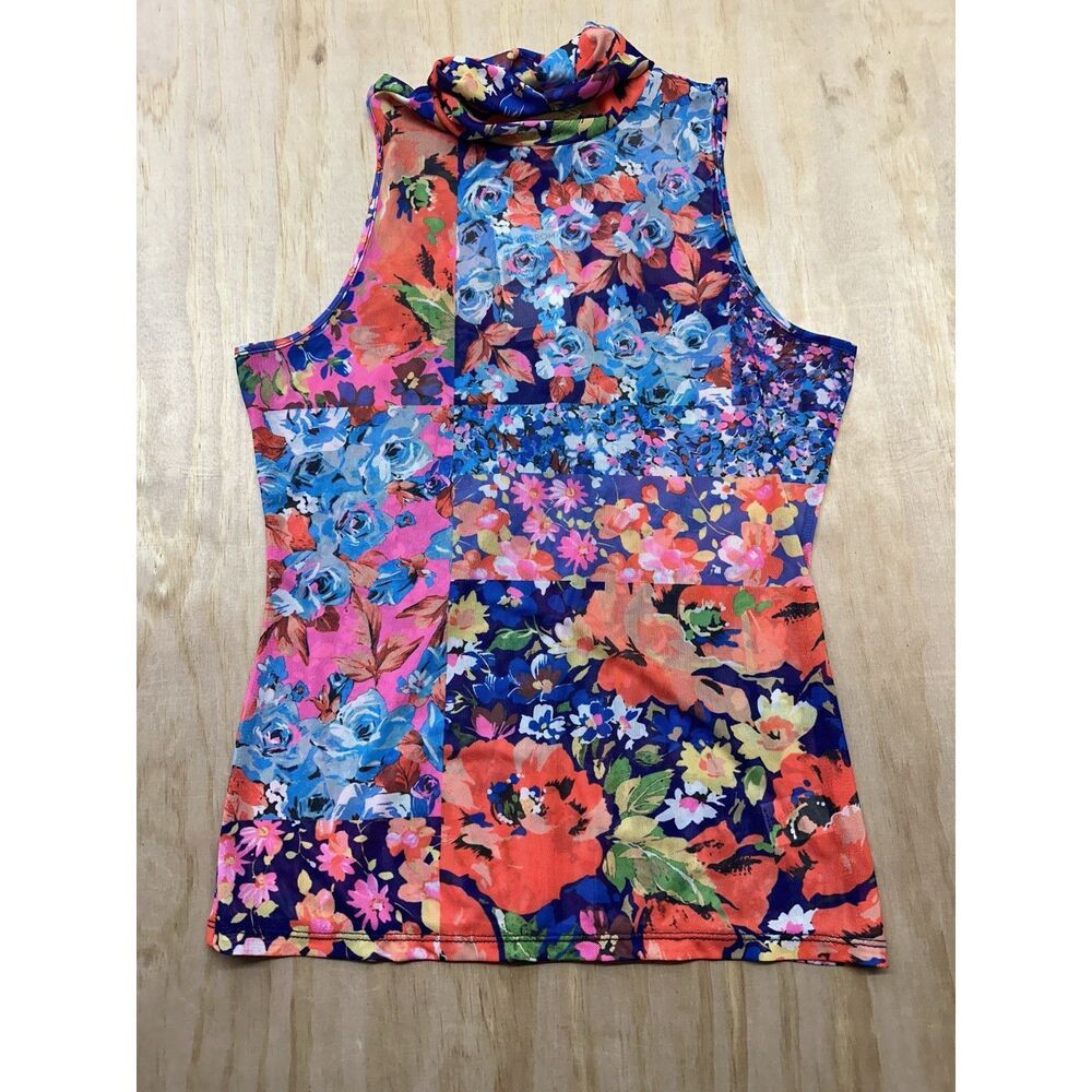 AFRM Floral Mesh Turtleneck Tank Top Medium Sheer Colorful AET038506